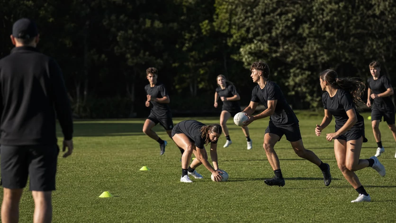 Touch football athletes working through a fast ruck and passing drill