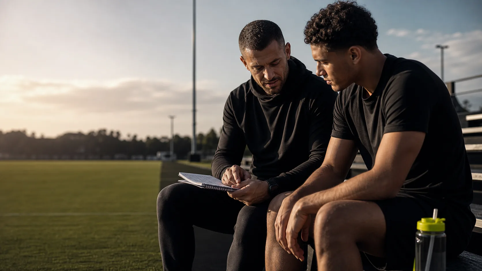 Coach and athlete reviewing a training plan beside a field