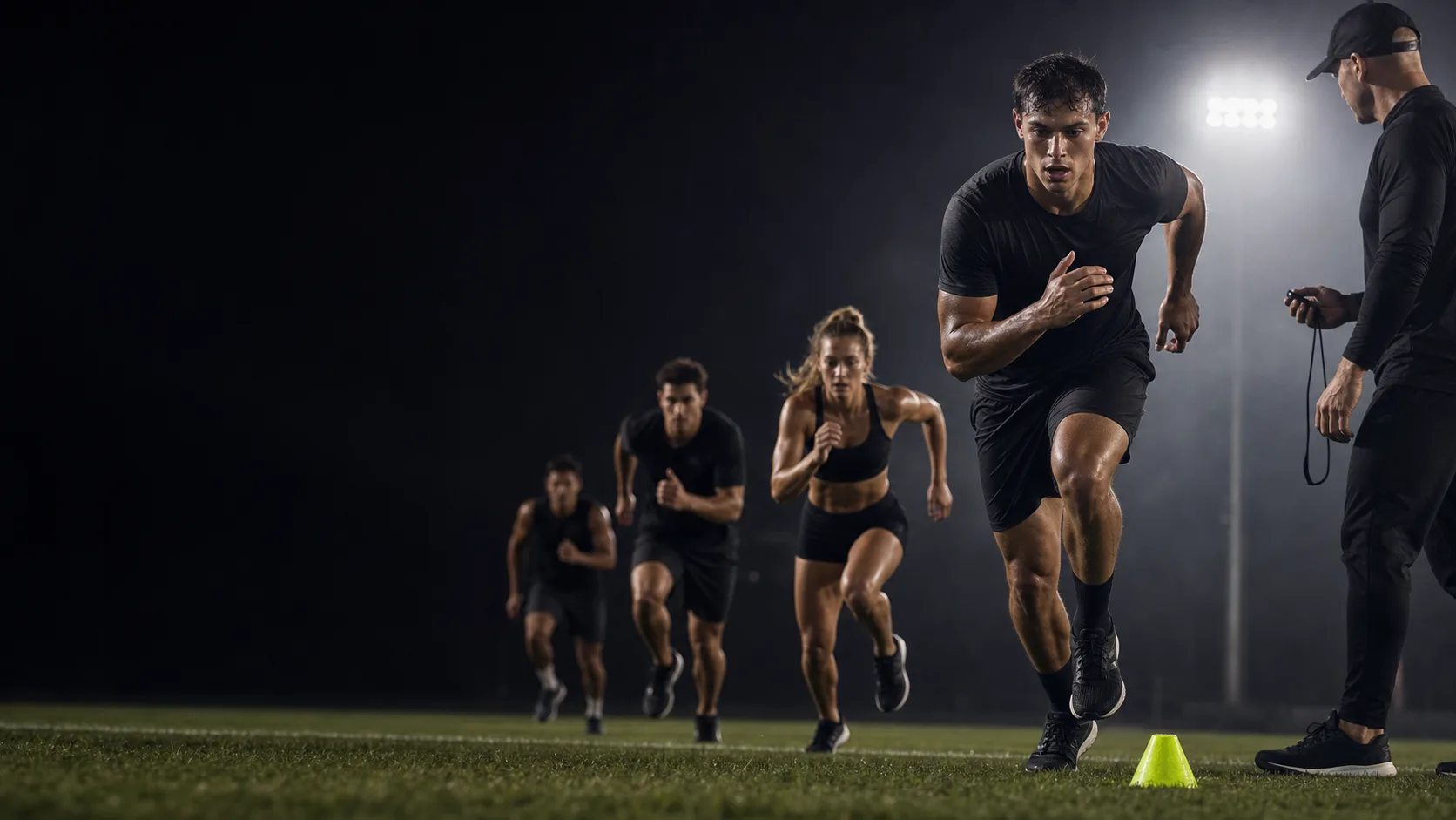 Athletes completing a repeat-effort conditioning session under lights