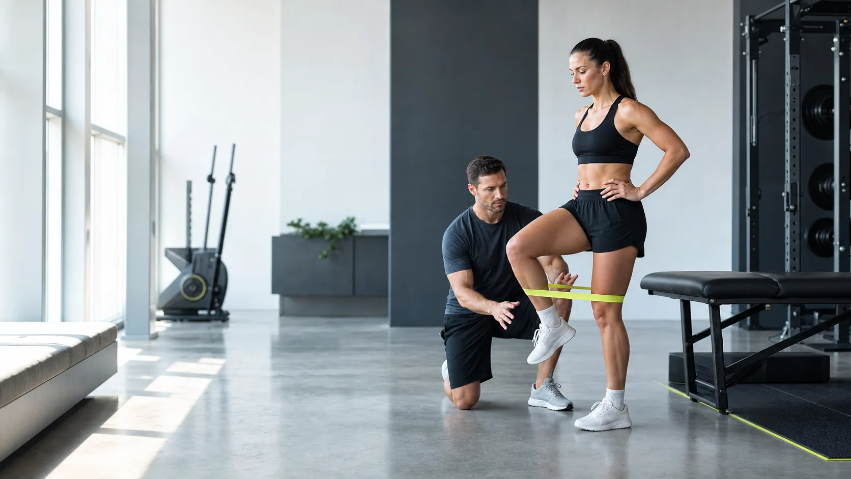 Coach guiding an athlete through controlled rehabilitation exercise