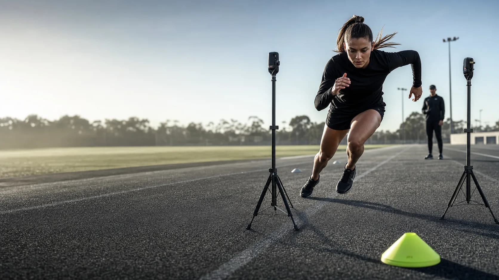 Athlete accelerating through timing gates
