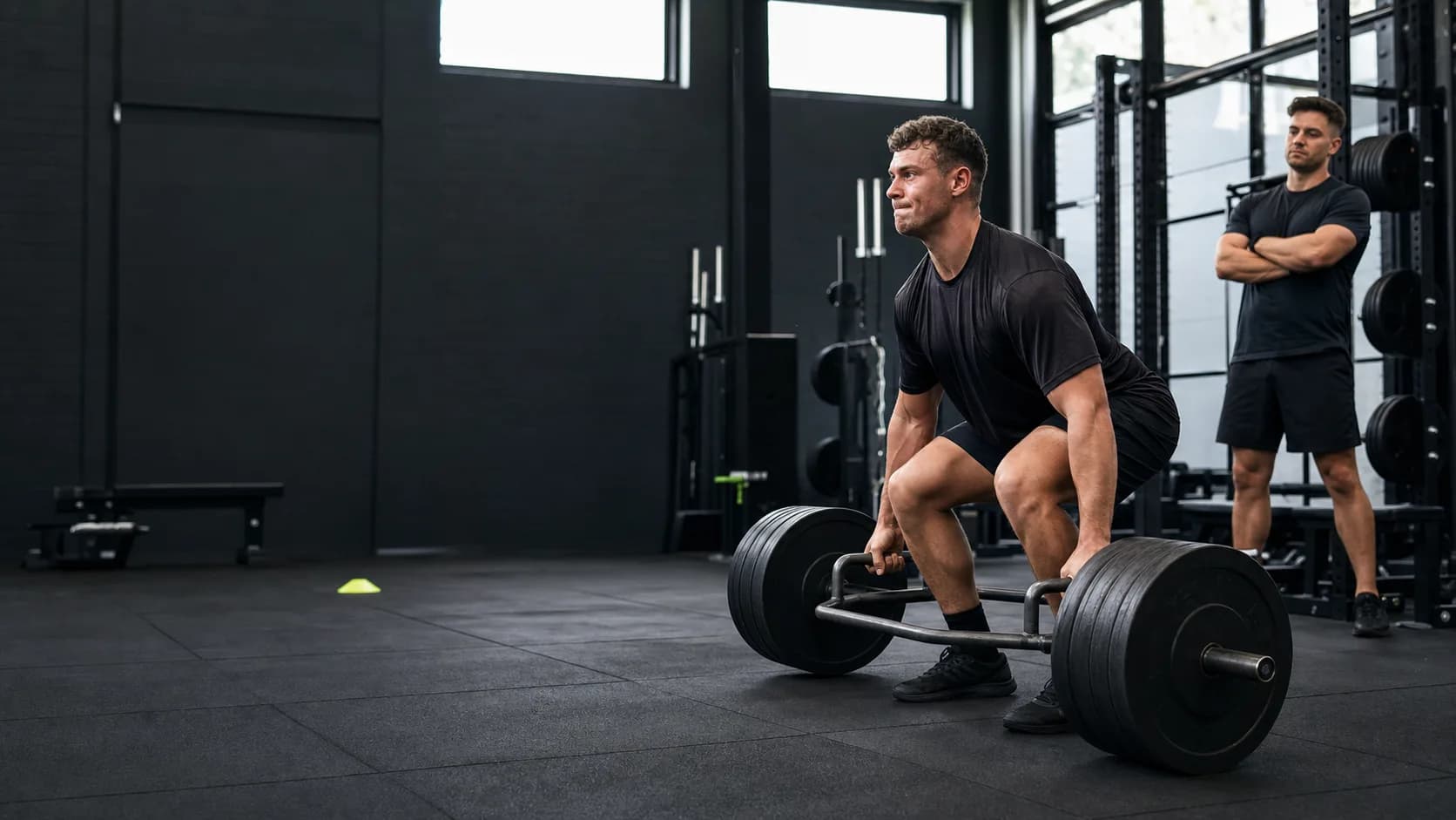 Athlete performing a trap-bar deadlift in a performance facility